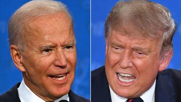 (ARCHIVOS) (COMBO) Esta combinación de imágenes de archivo creadas el 29 de septiembre de 2020 muestra al candidato presidencial demócrata y exvicepresidente estadounidense Joe Biden (izq.) y al presidente estadounidense Donald Trump hablando durante el primer debate presidencial en la Case Western Reserve University y Cleveland. Clínica en Cleveland, Ohio, el 29 de septiembre de 2020.