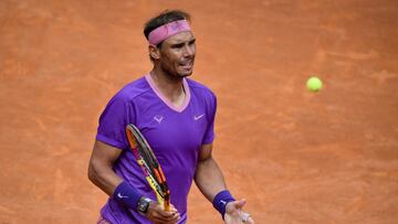 Spain&#039;s Rafael Nadal reacts during his match against Canada&#039;s Denis Shapovalov of the Men&#039;s Italian Open at Foro Italico on May 13, 2021 in Rome, Italy. (Photo by Filippo MONTEFORTE / AFP)