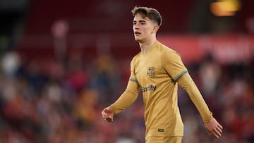 ALMERIA, SPAIN - FEBRUARY 26: Gavi Paez of FC Barcelona looks on during the LaLiga Santander match between UD Almeria and FC Barcelona at Power Horse Stadium on February 26, 2023 in Almeria, Spain. (Photo by Silvestre Szpylma/Quality Sport Images/Getty Images)
