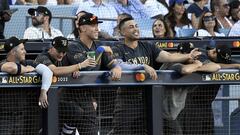 LOS ANGELES, CALIFORNIA - JULY 19: Aaron Judge #99 of the New York Yankees and Giancarlo Stanton #27 of the New York Yankees look on during the 92nd MLB All-Star Game presented by Mastercard at Dodger Stadium on July 19, 2022 in Los Angeles, California.   Kevork Djansezian/Getty Images/AFP
== FOR NEWSPAPERS, INTERNET, TELCOS & TELEVISION USE ONLY ==