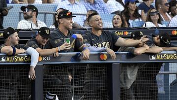 LOS ANGELES, CALIFORNIA - JULY 19: Aaron Judge #99 of the New York Yankees and Giancarlo Stanton #27 of the New York Yankees look on during the 92nd MLB All-Star Game presented by Mastercard at Dodger Stadium on July 19, 2022 in Los Angeles, California.   Kevork Djansezian/Getty Images/AFP
== FOR NEWSPAPERS, INTERNET, TELCOS & TELEVISION USE ONLY ==