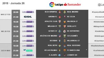 Horarios correspondientes a la 26ª jornada de LaLiga.