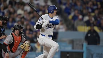 Apr 2, 2024; Los Angeles, California, USA;  Los Angeles Dodgers designated hitter Shohei Ohtani (17) grounds out in the sixth against the San Francisco Giants at Dodger Stadium. Mandatory Credit: Jayne Kamin-Oncea-USA TODAY Sports
