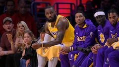 May 12, 2023; Los Angeles, California, USA;  Los Angeles Lakers forward LeBron James (6) looks on from the bench in the second half of game six of the 2023 NBA playoffs against the Golden State Warriors at Crypto.com Arena. Mandatory Credit: Jayne Kamin-Oncea-USA TODAY Sports