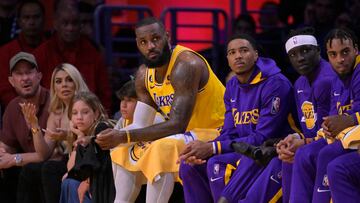 May 12, 2023; Los Angeles, California, USA;  Los Angeles Lakers forward LeBron James (6) looks on from the bench in the second half of game six of the 2023 NBA playoffs against the Golden State Warriors at Crypto.com Arena. Mandatory Credit: Jayne Kamin-Oncea-USA TODAY Sports