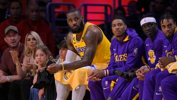 May 12, 2023; Los Angeles, California, USA; Los Angeles Lakers forward LeBron James (6) looks on from the bench in the second half of game six of the 2023 NBA playoffs against the Golden State Warriors at Crypto.com Arena. Mandatory Credit: Jayne Kamin-Oncea-USA TODAY Sports