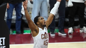 Cleveland Cavaliers guard Donovan Mitchell (45) reacts in the fourth quarter of game two of the first round of the 2025 NBA Playoffs against the Miami Heat at Rocket Arena.