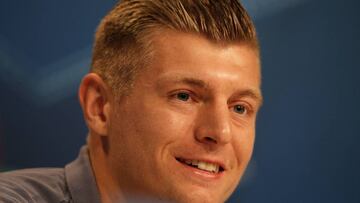 MUNICH, GERMANY - APRIL 11: Toni Kroos of Real Madrid speaks during Real Madrid press conference ahead of their UEFA Champions League Quarter-Final match against Bayern Muenchen at Allianz Arena on April 11, 2017 in Munich, Germany. (Photo by Adam Pretty/Bongarts/Getty Images )