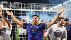 Valladolid owner Ronaldo celebrates with fans but his plans for the club crest have not been well received.