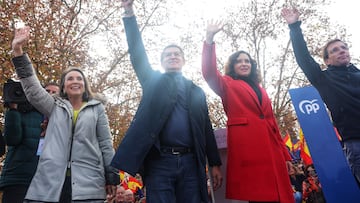 (I-D) La secretaria general del PP, Cuca Gamarra, el presidente del Partido Popular, Alberto Núñez Feijóo, la presidenta de la Comunidad de Madrid, Isabel Díaz Ayuso, y el alcalde de Madrid, José Luis Martínez-Almeida, durante un acto del PP contra la amnistía, en el Templo de Debod, a 3 de diciembre de 2023, en Madrid (España). El Partido Popular ha convocado este acto para protestar por la Ley de Amnistía que el PSOE registró en el Congreso de los Diputados, el pasado 13 de noviembre, y por la investidura de Pedro Sánchez como presidente del Gobierno el pasado 16 de noviembre. El acto se ha celebrado hoy, uno de los días previos al aniversario de la Constitución, que se celebra el próximo 6 de diciembre, con el objetivo de hacer coincidir las protestas con esta festividad para darles aún mayor simbolismo por tratarse de movilizaciones “en defensa del Estado de Derecho y la Carta Magna”.
03 DICIEMBRE 2023;MANIFESTACIÓN;CONCENTRACIÓN;AMNISTÍA;INVESTIDURA;PACTO;PRESIDENTE
Ricardo Rubio / Europa Press
03/12/2023