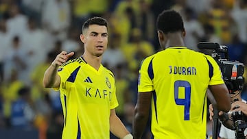 Soccer Football - Asian Champions League - Quarter Final - Yokohama F Marinos v Al Nassr - Prince Abdullah Al-Faisal Sports City Stadium, Jeddah, Saudi Arabia - April 26, 2025 Al Nassr's Cristiano Ronaldo celebrates with Jhon Duran after the match REUTERS/Stringer