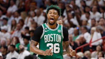 Miami (United States), 23/05/2023.- Boston Celtics guard Marcus Smart reacts during the second half of the NBA basketball Eastern Conference Finals playoff game four between the Miami Heat and the Boston Celtics at the Kaseya Center in Miami, Florida, USA, 23 May 2023. (Baloncesto, Estados Unidos) EFE/EPA/RHONA WISE SHUTTERSTOCK OUT
