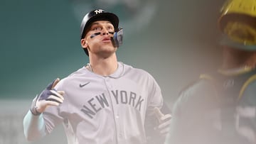 Sep 12, 2025; Boston, Massachusetts, USA; New York Yankees designated hitter Aaron Judge (99) reacts after hitting a home run during the first inning against the Boston Red Sox at Fenway Park. Mandatory Credit: Paul Rutherford-Imagn Images