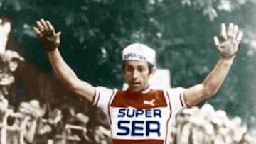 Jos&eacute; Luis Viejo celebra su victoria en Manosque en el Tour de 1976.