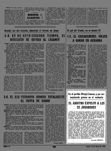 Partido de Tercera Division. Iliturgi-Balompédica Linense. Al final del partido tras producirse una pelea en el interior de los vestuarios entre ambos equipos el árbitro Díaz Rodríguez expulsó a los 22 jugadores.