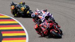 HOHENSTEIN-ERNSTTHAL, GERMANY - JUNE 18: Francesco Bagnaia from Italy, Ducati Lenovo Team, Jorge Martin from Spain, Prima Pramac Racing, Luca Marini from Italy, Mooney VR46 Racing Team compete during the race of the Liqui Moly Motorrad Grand Prix Deutschland at the Sachsenring on June 18, 2023 in Hohenstein-Ernstthal, Germany. (Photo by Hasan Bratic/Anadolu Agency via Getty Images)