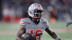 Nov 11, 2023; Columbus, Ohio, USA;  Ohio State Buckeyes wide receiver Marvin Harrison Jr. (18) scores the touchdown during the first quarter against the Michigan State Spartans at Ohio Stadium. Mandatory Credit: Joseph Maiorana-USA TODAY Sports