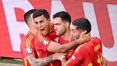Spain's midfielder #06 Mikel Merino (2nd R) celebrates scoring his team's second goal with teammates during the UEFA Euro 2024 quarter-final football match between Spain and Germany at the Stuttgart Arena in Stuttgart on July 5, 2024. (Photo by Kirill KUDRYAVTSEV / AFP)