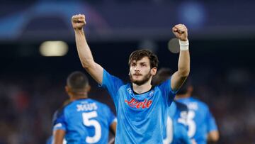 NAPLES, ITALY - OCTOBER 12: Khvicha Kvaratskhelia of SSC Napoli celebrates after scoring his team's third goal during the UEFA Champions League group A match between SSC Napoli and AFC Ajax at Stadio Diego Armando Maradona on October 12, 2022 in Naples, Italy. (Photo by Matteo Ciambelli/DeFodi Images via Getty Images)