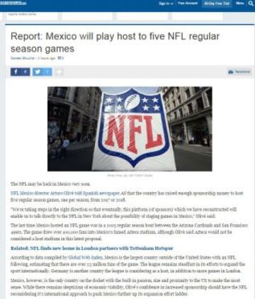 CBS Sports se sumó a los medios que hablaron sobre una posibilidad de que se jueguen partidos de temporada regular de la NFL en México.