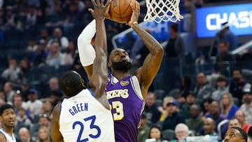 Los Angeles Lakers forward LeBron James (R) shoots a two point basket past Golden State Warriors forward Draymond Green (L) during the first half of the NBA basketball game between the Los Angeles Lakers and the Golden State Warriors in San Francisco, California, USA, 09 April 2026.