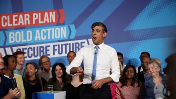 FILE PHOTO: British Prime Minister Rishi Sunak speaks during a Conservative general election campaign event, in London, Britain June 24, 2024. REUTERS/Phil Noble/File Photo