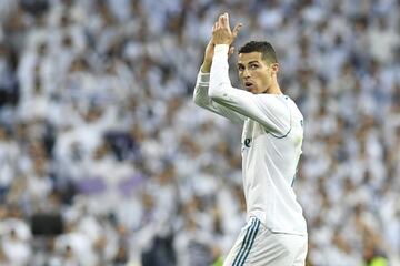 Cristiano applauds fans at the Bernabeu during Real Madrid v Sevilla