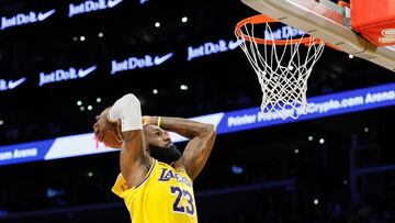 LOS ANGELES, CALIFORNIA - APRIL 30: LeBron James #23 of the Los Angeles Lakers dunks the ball against the Minnesota Timberwolves during the second quarter in Game Five of the Western Conference First Round NBA Playoffs at Crypto.com Arena on April 30, 2025 in Los Angeles, California. NOTE TO USER: User expressly acknowledges and agrees that, by downloading and or using this photograph, User is consenting to the terms and conditions of the Getty Images License Agreement. Harry How/Getty Images/AFP (Photo by Harry How / GETTY IMAGES NORTH AMERICA / Getty Images via AFP)