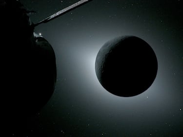 Vista de la Luna a contraluz durante un eclipse solar, fotografiada por una de las cámaras de los paneles solares de la nave espacial Orión durante el sobrevuelo de la Luna por la tripulación de Artemis II el 7 de abril de 2026.