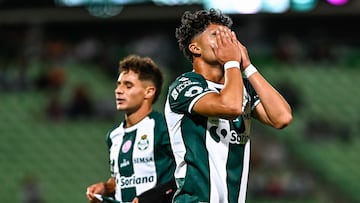 Ramiro Sordo and Stephano Carrillo of Santos during the 14th round match between Santos and Mazatlan FC as part of the Liga BBVA MX, Torneo Apertura 2024 at TSM Corona Stadium on October 25, 2024 in Torreon, Coahuila, Mexico.