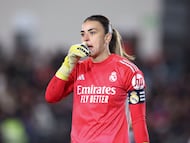 MADRID, 29/03/2026.- El portera del Real Madrid, Misa Rodríguez, durante el partido de Liga F que Real Madrid y FC Barcelona disputan este domingo en el estadio Alfredo Di Stéfano. EFE/Víctor Lerena
