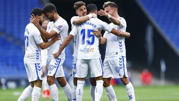 BARCELONA, SPAIN - MAY 24: Carlos Pomares celebrates scoring his side's first goal with his team mates during the Liga Smartbank match betwen RCD Espanyol de Barcelona and CD Tenerife at RCDE Stadium on May 24, 2021 in Barcelona, Spain. (Photo by Eri