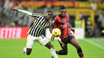 Soccer Football - Serie A - AC Milan v Juventus - San Siro, Milan, Italy - October 22, 2023 AC Milan's Rafael Leao in action with Juventus' Timothy Weah REUTERS/Daniele Mascolo