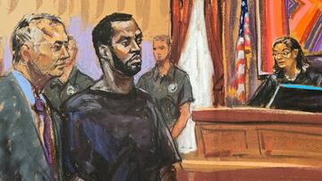 Sean "Diddy" Combs and his defense lawyer Marc Agnifilo stand before U.S. Magistrate Judge Robyn Tarnofsky after prosecutors brought three criminal charges against him in federal court in the Manhattan borough of New York City, U.S., September 17, 2024 in this courtroom sketch. REUTERS/Jane Rosenberg