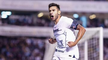 Eduardo Salvio celebrates his goal 1-1 of Pumas during the 17th round match between Queretaro and Pumas UNAM as part of the Torneo Clausura 2024 Liga BBVA MX at La Corregidora Stadium on April 26, 2024 in Santiago de Queretaro, Queretaro, Mexico.