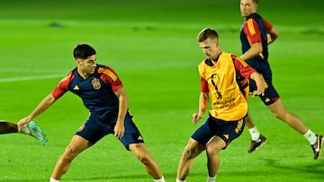 Spain's forward #10 Marco Asensio (L) and Spain's forward #21 Dani Olmo attend a training session at the Qatar University Training ground in Doha on November 22, 2022, on the eve of their Qatar 2022 World Cup football match between Spain and Costa Rica. (Photo by JAVIER SORIANO / AFP)