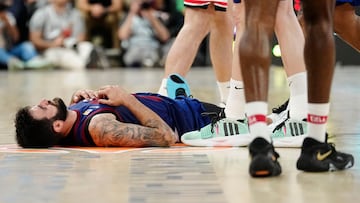 El base del Barça Ricky Rubio tras el quinto partido de los cuartos de final de la EuroLiga que Barça y Olympiacos disputaron hoy miércoles en el Palau Blaugrana, en Barcelona.