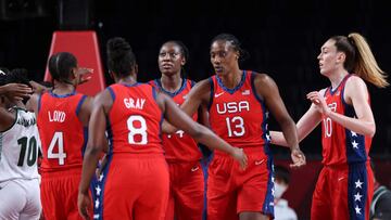 USA's player celebrate their victory at the end of the women's preliminary round group B basketball match between Nigeria and USA during the Tokyo 2020 Olympic Games at the Saitama Super Arena in Saitama on July 27, 2021.