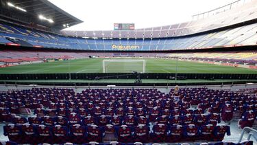 Soccer Football - La Liga Santander - FC Barcelona v Atletico Madrid - Camp Nou, Barcelona, Spain - June 30, 2020 General view of Barcelona's jerseys placed in the stands before the match, as play resumes behind closed doors following the outbreak