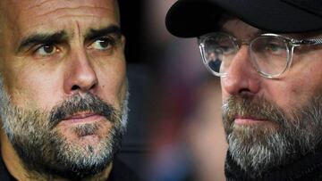 FILE PHOTO (EDITORS NOTE: COMPOSITE OF IMAGES - Image numbers 1208913670, 1076708990 - GRADIENT ADDED) In this composite image a comparison has been made between Josep Guardiola, manager of Manchester City FC (L) and Jurgen Klopp, Manager of Liverpool. Ma