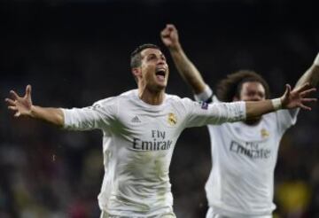 Cristiano celebra su tercer gol contra el Wolfsburgo en el partido de vuelta de los cuartos de final de la Champions League. 