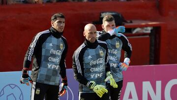 Buenos Aires 27 Mayo 2018, Argentina
 Entrenamiento de la Selecci&mdash;n Argentina en el Estadio Tomas A Duco (Huracan).
 Sandro Guzman de la Seleccion Argentina, Franco Armani de la Seleccion Argentina y Wilfredo Caballero de la Seleccion Argentina
 Foto Ortiz Gustavo
 