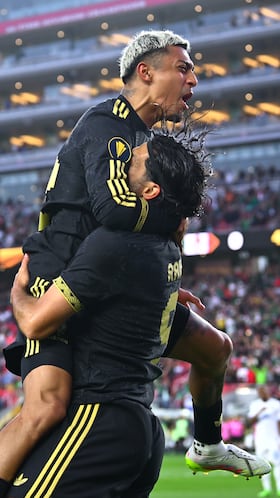 Raul Jimenez celebrates his goal 1-0 with Julian Araujo of Mexico during the Semi Finals match between Mexico (Mexican National Team) and Honduras as part of the 2025 CONCACAF Gold Cup at Levis Stadium, on July 02, 2025 in Santa Clara, California, United States.