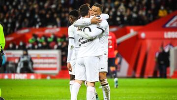 Lionel (Leo) MESSI of PSG celebrate his goal with Kylian MBAPPE of PSG during the French championship Ligue 1 football match between LOSC Lille and Paris Saint-Germain on February 6, 2022 at Pierre Mauroy stadium in Villeneuve-d'Ascq near Lille, Fran