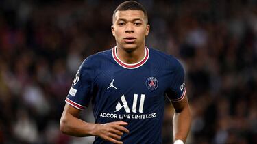 Paris Saint-Germain's French forward Kylian Mbappe looks on during the UEFA Champions League first round group A football match between Paris Saint-Germain's (PSG) and Manchester City at The Parc des Princes stadium in Paris on September 28, 202