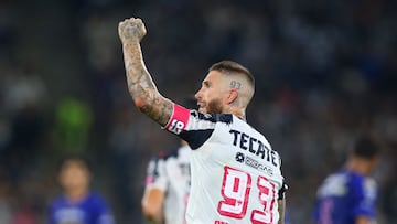 Monterrey's Spanish defender #93 Sergio Ramos celebrates after scoring the equalising goal from the penalty spot during the Liga MX Apertura football tournament match between Monterrey and Pumas at BBVA Stadium in Monterrey, Nuevo Leon state, Mexico on October 18, 2025. (Photo by Julio Cesar AGUILAR / AFP)