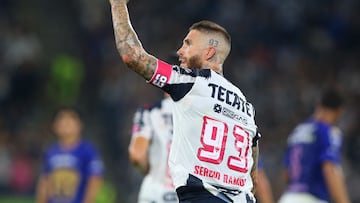 Monterrey's Spanish defender #93 Sergio Ramos celebrates after scoring the equalising goal from the penalty spot during the Liga MX Apertura football tournament match between Monterrey and Pumas at BBVA Stadium in Monterrey, Nuevo Leon state, Mexico on October 18, 2025. (Photo by Julio Cesar AGUILAR / AFP)