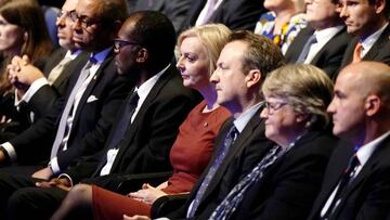 Left to right ) Chancellor of the Duchy of Lancaster Nadhim Zahawi, Foreign Secretary James Cleverly, Chancellor of the Exchequer Kwasi Kwarteng, Prime Minister Lizz Truss and her husband Hugh O'Leary, Deputy Prime Minister and Health Secretary Therese Coffey and Conservative party chairman Jake Berry, sitting together during the Conservative Party annual conference at the International Convention Centre in Birmingham. Picture date: Sunday October 2, 2022. (Photo by Aaron Chown/PA Images via Getty Images)