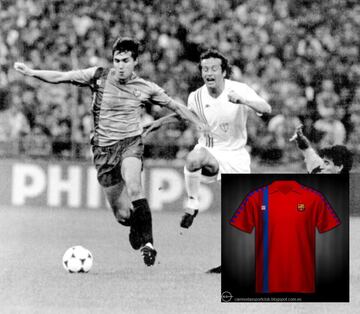 Esta camiseta naranja con franjas azulgranas fue la tercera equipación durante la temporada de 1988-89.