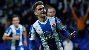Espanyol's Spanish midfielder Oscar Melendo celebrates after scoring the opening goal during the UEFA Europa League Group H football match between Espanyol and Ludogorets Razgrad, at the RCDE Stadium in Cornella de Llobregat near Barcelona, on N